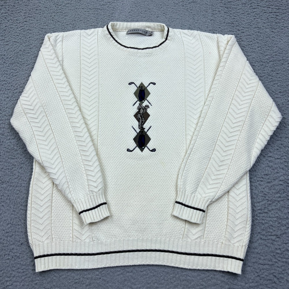 VTG Shenandoah Mens Sweater Ivory Retro Embroidered Diamond Golf Pullover M‎ USA